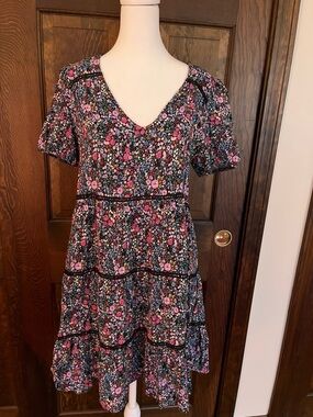 wild fable Black Floral Mini Dress with Pink and Blue Blossoms